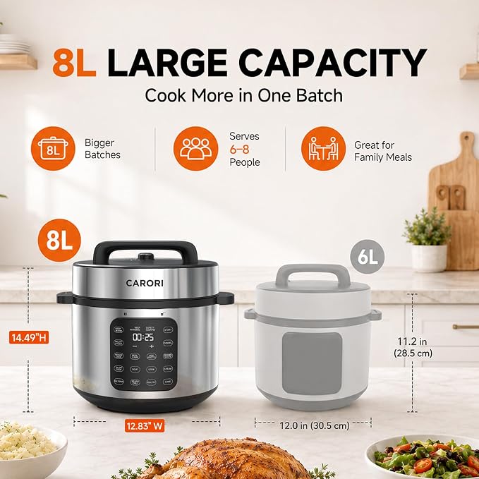 CARORI 8Qt,9-in-1,1200W Electric Pressure Canner, IMD Touchscreen, Non-Stick Pot. Quick, Time-Saving, Healthy. Olla de Presion (Ollas). Safe Venting.Rice,Slow,Steamer, Sauté, Warmer, Silver