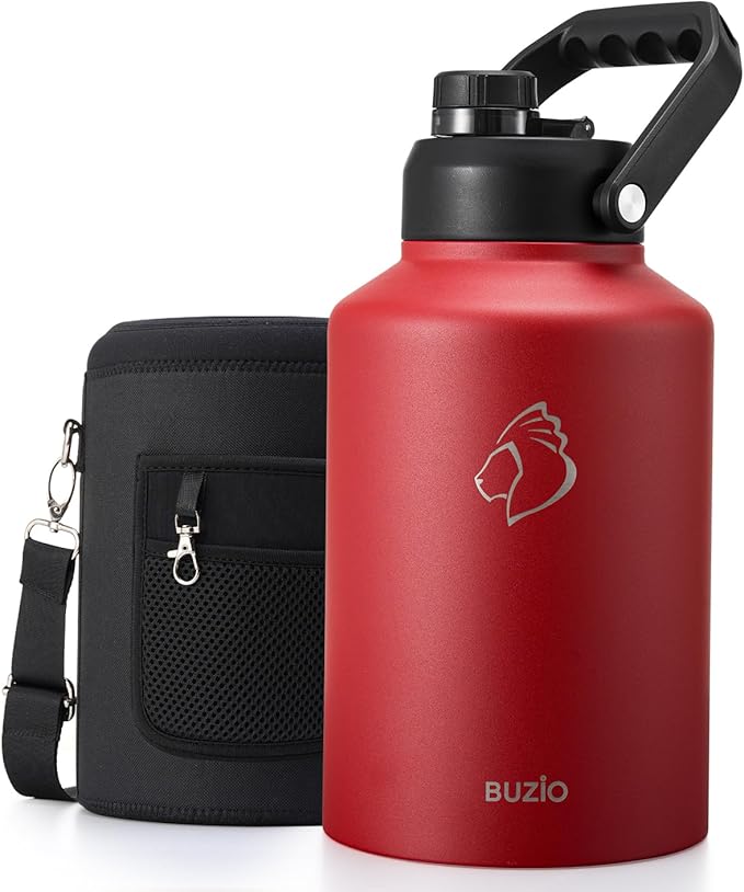 BUZIO 1 Gallon Water Jug Insulated, Stainless Steel Bottle With Large Handle & Spout Lid, 3.58" Big Wide Mouth BPA-Free Leakproof Metal Water Flask For Camping, Adventure, Sports, Red