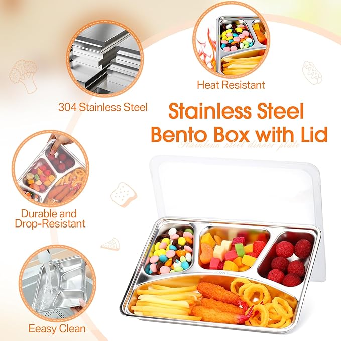 Patelai 6 Pcs Stainless Steel Snack Containers with Clear Flexible Lids Large 4 Compartment Heavy Duty Travel Bento Box Adult Lunch Box Reusable Food Storage Containers Plates for Office Home