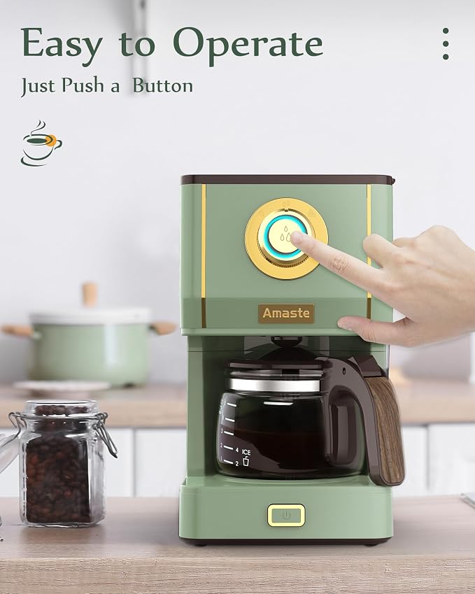 Amaste Drip Coffee Maker, Coffee Machine with 25 Oz Glass Coffee Pot, Retro Style Coffee Maker with Reusable Filter & Three Brewing Modes, Collapsible Silicone Coffee Cup,Warming Plate, Matcha Green