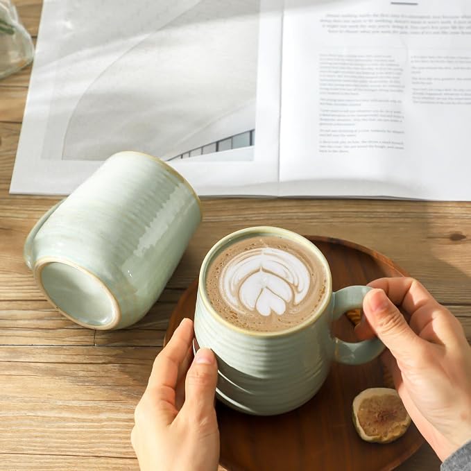 Coffee Mugs Set of 4, 15 Ounce Ceramic Coffee Cups with Handle, Large Mug Set for Latte, Tea, Chocolate, Modern Cup Gift for Men and women, Dishwasher & Microwave Safe,Sage Green