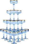 Goodluck 4-Tier Champagne Tower Glasses - 20 PCS 7oz Blue Plastic Champagne Flutes, Plastic Coupe Glasses with Vertical Stripes for Weddings, Celebrations, Parties & Birthdays(Gold Rim)