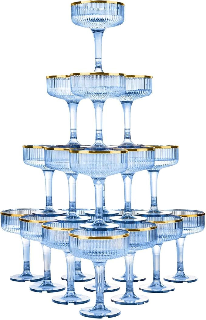 Goodluck 4-Tier Champagne Tower Glasses - 20 PCS 7oz Blue Plastic Champagne Flutes, Plastic Coupe Glasses with Vertical Stripes for Weddings, Celebrations, Parties & Birthdays(Gold Rim)