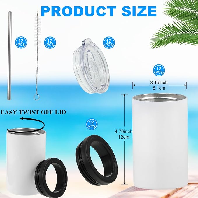 Uiifan 12 Set White Sublimation Can Cooler 12 oz Can Cooler Bulk Customizable Stainless Steel Double Wall Insulated Blank Tumblers with Lids and Straws and Lid Brush for Beer Beverages Party Gifts