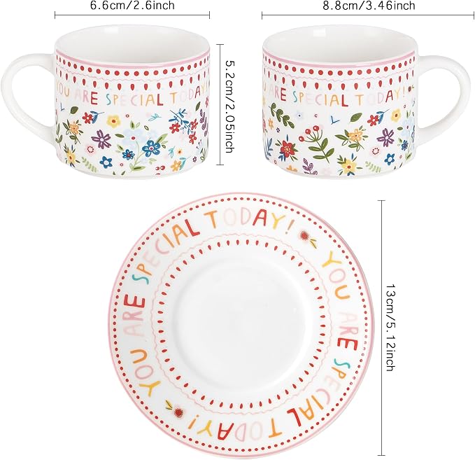 4oz Floral Coffee Cups & Saucers Set of 6, Ceramic Espresso Mugs Demitasse Cups for Latte, Tea, Espresso Shot Cup for Espresso Machine & Coffee Maker, Women Gifts for Christmas, Birthday
