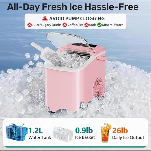 OLIXIS Countertop Ice Maker with Self-Cleaning, Portable Ice Maker Machine with Scoop, 26Lbs/24H, 9 Cubes in 6 Mins, 2 Sizes of Bullet for Home, Kitchen, Office, Pink