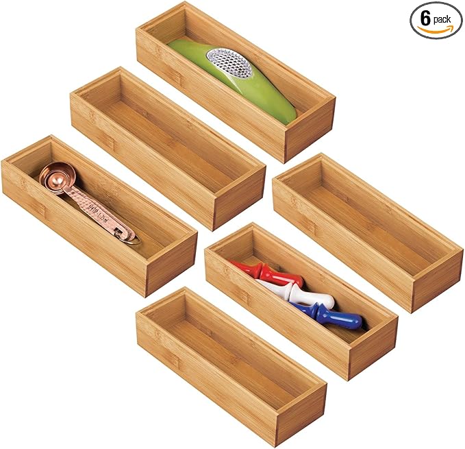 mDesign Wooden Bamboo Kitchen Drawer Organizer Box Tray, Stackable Utensil/Flatware Storage for Drawers, Cabinet - Holder Container for Silverware and Appliances, Echo Collection, 6 Pack, Natural Wood
