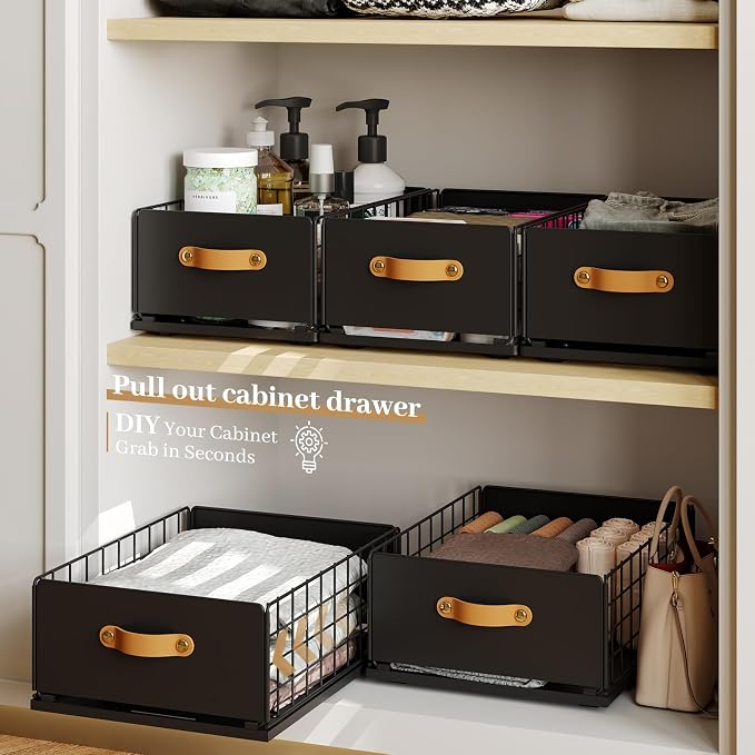 Pull Out Cabinet Organizer, No-Drill Pantry Drawers, Slide Out Shelves with Bamboo Risers for Lipped Cabinets,Ideal for Kitchen, Bathroom & Under Sink Storage (Black, 9.8" Wide-15.7" Deep)