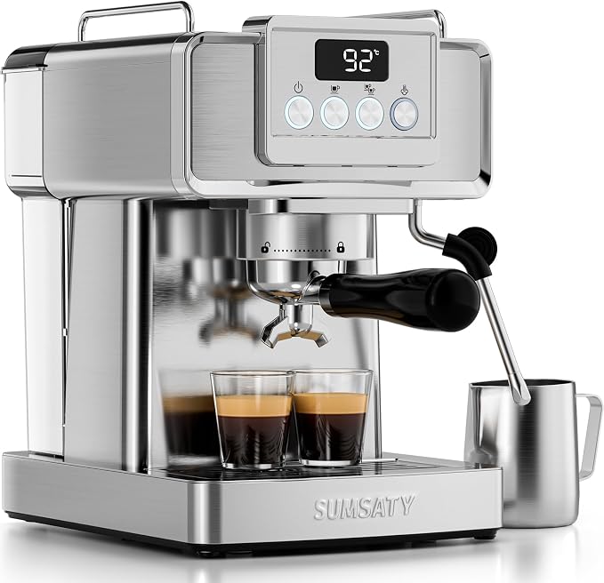 SUMSATY Espresso Machine 20 Bar, Stainless Steel Espresso Maker Professional Expresso Machine with Power Steam & LED Display for Home Barista, Americano, Latte, Cappuccino Maker, 1.8L Water Tank