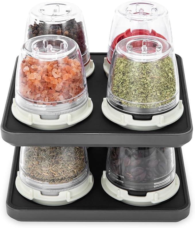 FinaMill Classic Battery Spice Mill Bundle with Slate Quartet Stackable Tray – One-Handed Grinder with Interchangeable Pods & Space-Saving Spice Organizer - Valentines Day Gifts for Food Lovers