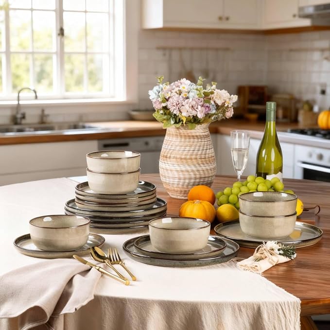 GBHOME Dinnerware Sets for 8, 24 Pieces Stoneware Plates and Bowls Sets, Scratch Resistant Dishes, Dishwasher & Microwave Safe, Reactive Glaze