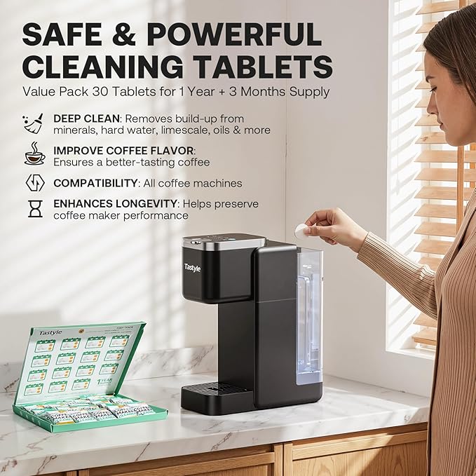 Tastyle Single Serve Coffee Maker with 30 Descaler Cleaner Tablets, Iced and Hot Coffee Machine for K Cup & Grounds, Compact Design, 40oz Removable Water Reservoir