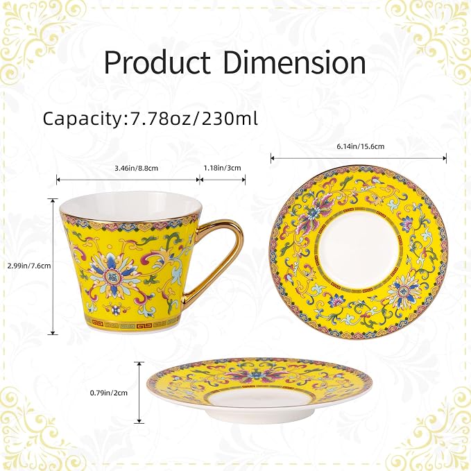KAMMAK Tea Cups and Saucers Set of 2, Porcelain Coffee Cups with Saucer for Espresso, Cappuccino, 7.78oz Vintage Noble Yellow Ceramic Novelty Mug for Home, Tea Party, Office, 623N