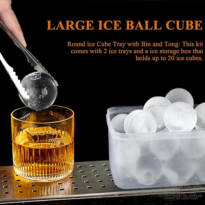 Whiskey Ice Cubes Mold,2 x 8 PCS x 1.8 inch Whiskey Ice Cubes,Circle Ice Cube Tray with Lid and Bin,Sphere Ice Ball Maker Mold,Round Ice Cube Mold for Cocktails,Whiskey
