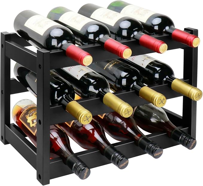 Bamboo Wine Rack, 3-Tier 12 Bottles Wine Storage Cabinet Shelf, Easy-Assembly Freestanding Bamboo Wine Racks Countertop for Kitchen Pantry Dining Room Bar, Black