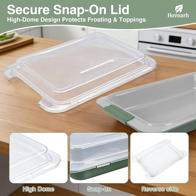 9x13 Baking Pan with Lid, Deep 13x9 Covered Cake Pan, Nonstick with Silicone Handles, Warp-Resistant Green Baking Pan for Storage, Transport, Potlucks & Meal Prep
