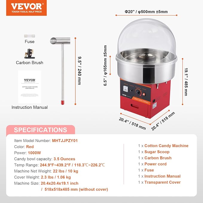 VEVOR Electric Cotton Candy Machine with Cover, 1000W Commercial Floss Maker w/Stainless Steel Bowl, Sugar Scoop and Drawer, Perfect for Home, Carnival, Kids Birthday, Family Party, Red