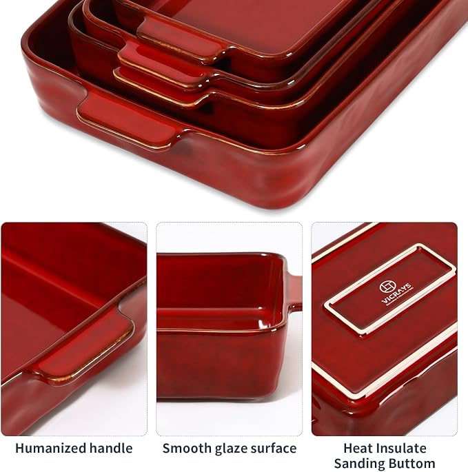 VICRAYS Ceramic Bakeware Set, Porcelain Rectangular Lasagna Pans Casserole Dish Set for Baking, Cooking, Kitchen, Cake Dinner, Banquet and Daily Use, 4 PCS, Cherry Red(9.52"/11.06"/11.77"/14.56")