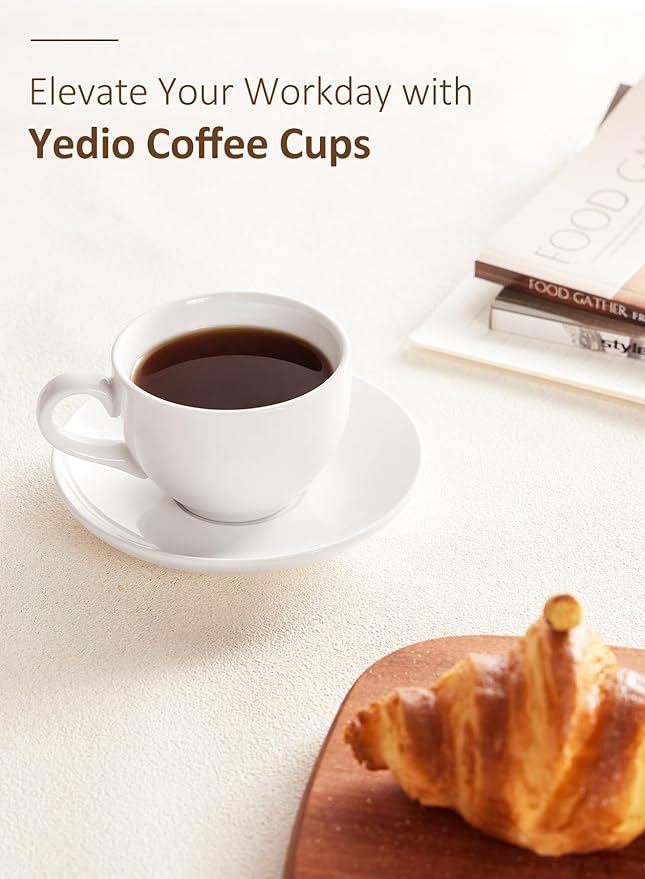 Porcelain Coffee Cups Set with Saucer, 6 Ounce White Porcelain Cup and Saucer Set for Cappuccino, Coffee Latte, Coffee drinks and Tea, Set of 6