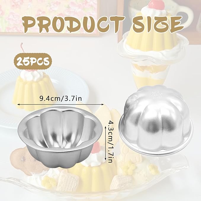 25Pcs Pudding Mold Aluminum Alloy Egg Tart Molds Non-sticky Small Jello Molds Reusable Cake Tartlets, Flan Cup Cake Pans for Baking Egg Tart Flan Cupcake Bread Muffin Brownie Pudding