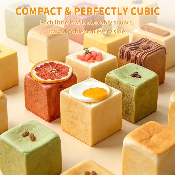 6-Cavity Mini Pullman Loaf Pan with Lid, Mini Loaf Pan 2.4 x 2.4 x 2.4 inch Square Bread Baking Mold, Nonstick Heavy Duty Carbon Steel Toast Box with Cover for Homemade Sandwich, Milk Bread, Meatloaf