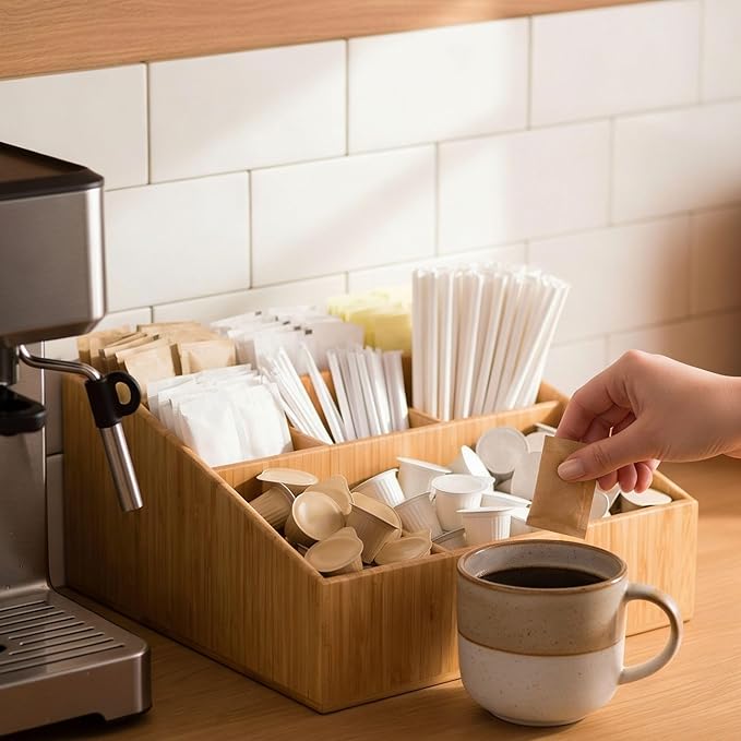 Restaurantware-11.75 x 5.5 Inch Coffee Condiment Organizer, 1 Square Creamer Organizer - 9 Compartments, Break-Resistant, Bamboo Coffee Accessory Caddy, Won't Chip, For Sugar Packets And Creamers