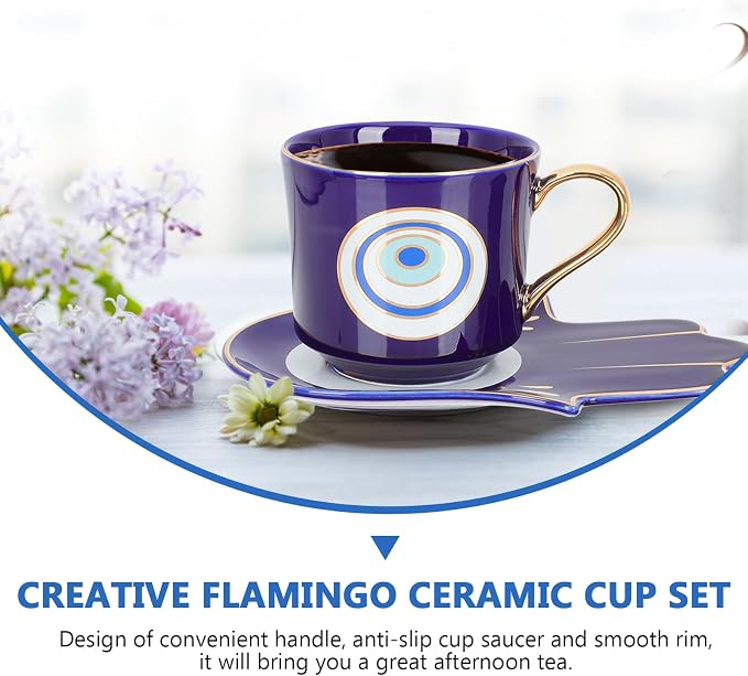 Luxshiny Evil Eye Coffee Cups Set: Turkish Blue Eye Espresso Cup Water Milk Mug Amulet Protection Tea Cup with Hamsa Hand Saucer Plate for Drinks Latte Lucky Decor Blue