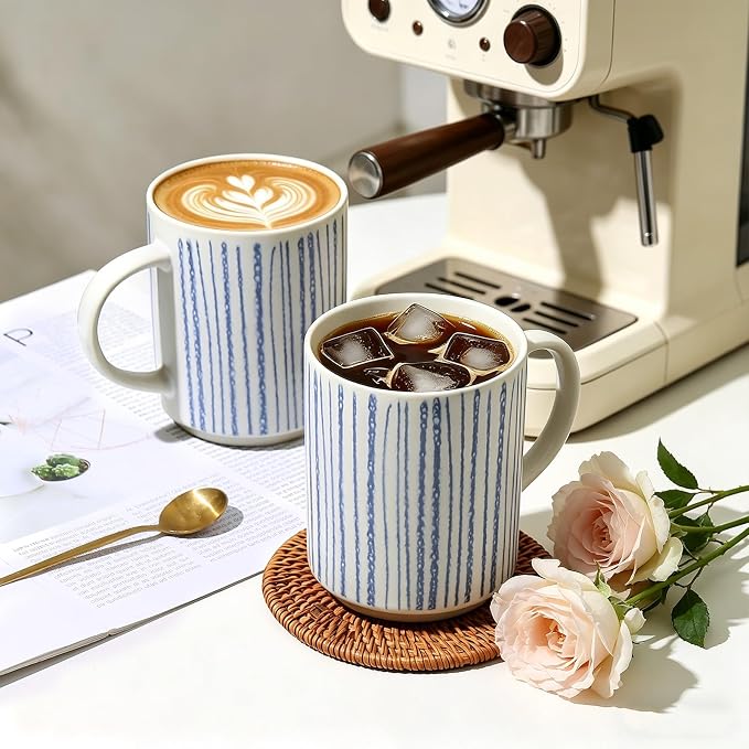 Coffee Mugs Set of 6, 17oz Ceramic Mugs with Handpainted Blue Gray Stripe Pattern, Modern Stackable Coffee Cups, Dishwasher and Microwave Safe Mugs for Home & Office (Vertical Stripes)