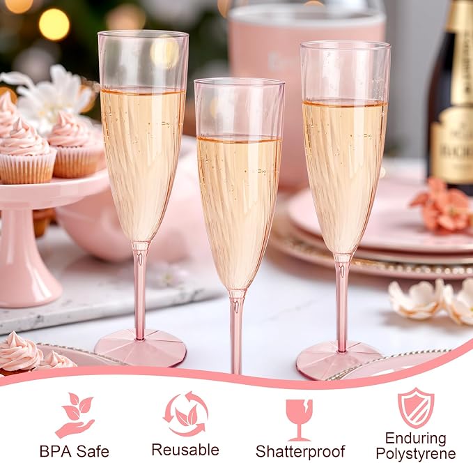 WDF 36PCS Pink Champagne Flutes Plastic - 6OZ Pink Disposable Champagne Flutes Party Supplies for Birthday Parties Baby Shower Wedding Spring
