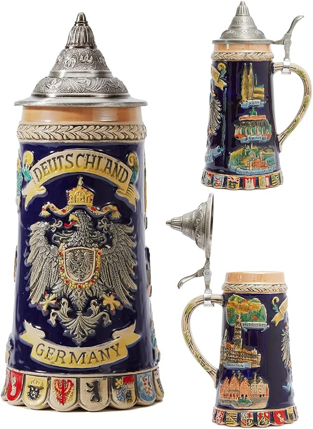 HAUCOZE Beer Stein Mug German Coats of Arms Drinking Viking Tankard with Pewter Lid Birthday Gifts for Men Father Husband 0.6 Liter