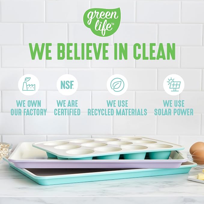 GreenLife 13" x 9" Quarter Sheet Baking Pans, 2 Piece Bakeware Set, PFAS-Free Ceramic Nonstick Rectangular Cookie Trays, Oven Safe to 450°F, Even Heating, Easy Clean Ovenware, Turquoise (Pack of 6)