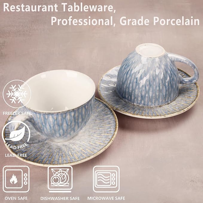 Coffee Mugs Set, 6.8 oz, Ceramic Tea Cup with saucer, Espresso Cups 8-piece, Stackable Cups, for Latte,Hot Tea,Cappuccino, Mocha, Cocoa, dishwasher & microwave safe, Azure blue