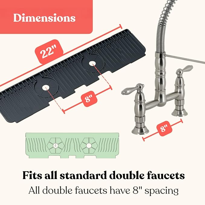 2 Hole Kitchen Sink Splash Guard (22 INCH) Wide-Modern Faucet Mat for Kitchen Sink-Flexible, Durable, Silicone Faucet Splash Guard Grey-Double Handle Faucets with 8” Spacing-Easy to Clean