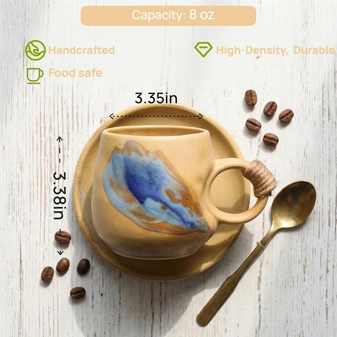 Little handmade ceramic pottery tea cup with saucer, espresso cup | 8 oz stoneware demitasse cup for lungo,cortado,Matcha, Americano