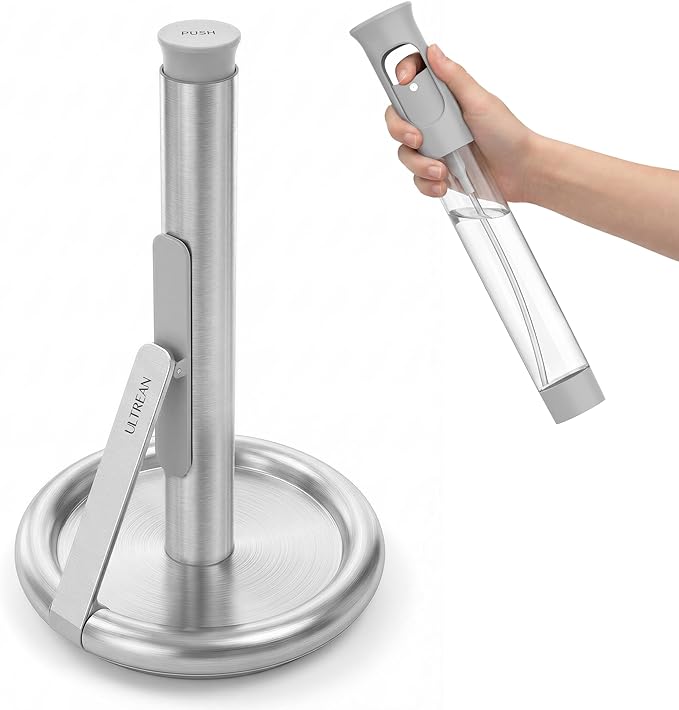 Ultrean Paper Towel Holder with Spray Bottle, Countertop Freestanding Paper Towel Dispenser with Spring-Loaded Tension Arm for One-Handed Tear, Weighted Non-Slip Base, Stainless Steel for Kitchen