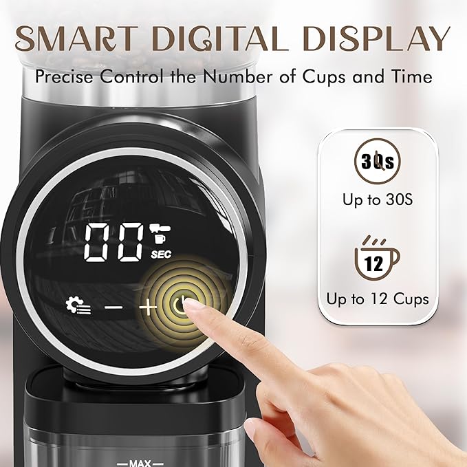 AYCHIRO Electric Conical Burr Coffee Grinder, Touchscreen Coffee Grinder for Home Use, Compact Burr Mill Grinder with 30 Grind Settings, Detachable Hopper & Coffee Container, Black