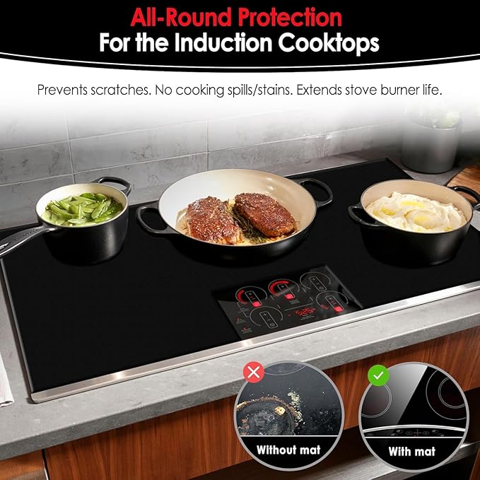 Large Newly-Enhanced Silicone Induction Cooktop Protector Cover Stove Mat 21.2"x35.4" (Magnetic) | 300°C (572°F) Heat-Resistant | Power Boost Compatible | Prevents Pot Sliding & Scratches,Black&White