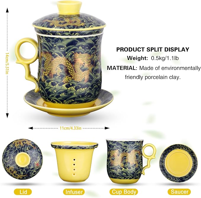 Chinese Dragon Pattern Tea-Mug with Strainer Infuser and Lid and Saucer Ceramic Tea Mug Convenient System Chinese Porcelain Personal Tea Cup 13.5oz(400ml) - DARK GREEN TC400