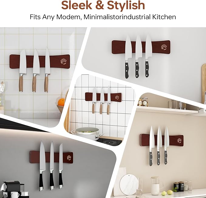 Magnetic Knife Holder for Wall 10 Inch, Premium Oak Wood Magnetic Knife Strip with N52 Super Strong Magnets, No Drilling Wooden Knife Rack Bar for Kitchen Knives & Tools-Renter Friendly