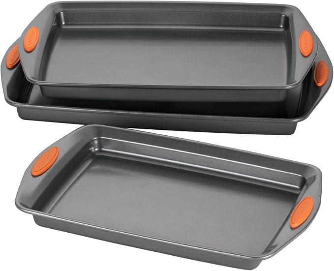 Rachael Ray Yum-o! Nonstick Bakeware Oven Lovin' Cookie Pan Set, 3-Piece, Gray with Orange Silicone Grips