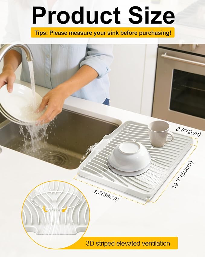 Silicone Dish Drying Mat for Kitchen Counter, Non-Slip Drain Pad with Built-in Drain, Heat Resistant Dish Drying Pad, Multi-Use Drying Mat, Dishwasher Safe & Hangable, Cream, 19.7" x 15"