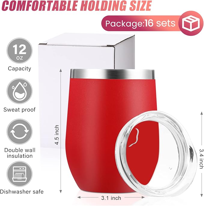Remagr 16 Pack Stainless Steel Wine Tumblers 12 oz Insulated Vacuum Wine Cup Set Double Wall Stainless Steel Stemless Mug Glasses for Coffee Soda Whiskey Outdoor Travel (Red)