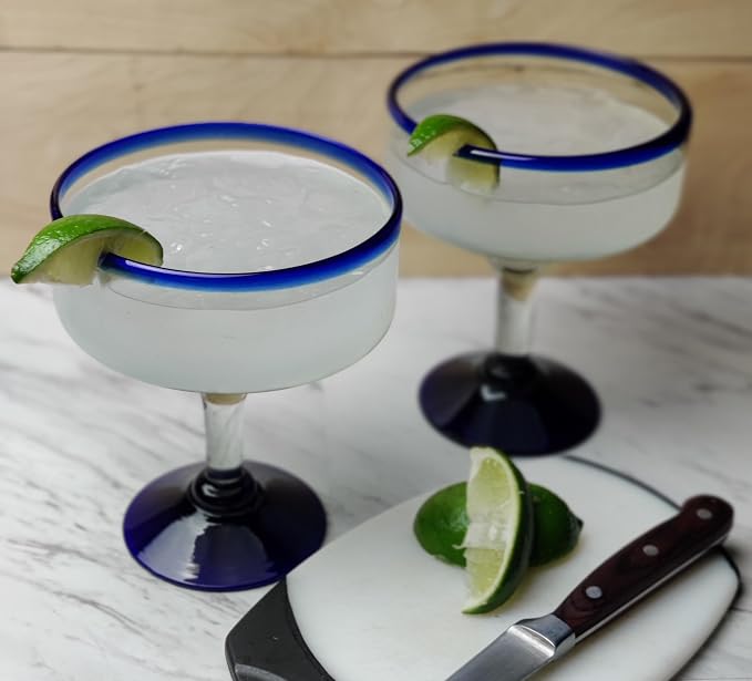 Dos Sueños Mexican Hand Blown Glass Drinkware Set - 4 Margarita Glasses (16oz) and Pitcher (84oz) – Cobalt Blue Rim