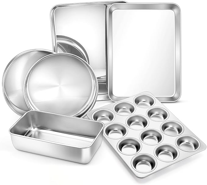 E-far 6-Piece Baking Pans set, Stainless Steel Bakeware Set for Oven, Include 8-Inch Cake Pan/Rectangle Baking Cookie Sheet/Muffin/Loaf Pan, Non-Toxic & Heavy Duty, Dishwasher Safe