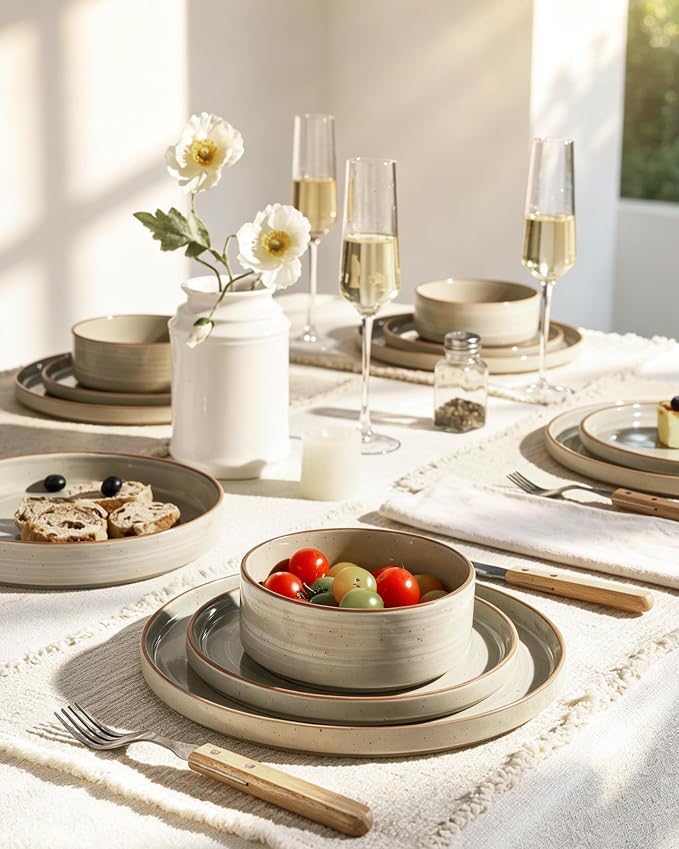 Famiware Stellar Stoneware Dinnerware Set, 12-Piece, Double Reactive Glaze, Plates and Bowls, Service for 4, Microwave and Dishwasher Safe, Scratch-Resistant, Matcha Green