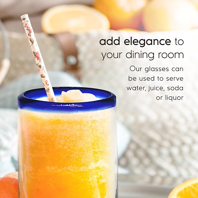 Cobalt Blue Rim 10 oz Tumblers (set of 6), Recycled Glass, Lead-free, Toxin-Free (Tumbler)