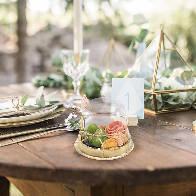 Whaline 50 Sets Disposable Individual Charcuterie Cup Clear Plastic Round Cake Boxes with Dome Lids Mini Wooden Spork Rope for Outdoor Snack Packing Open Houses Gatherings Wedding Party Event