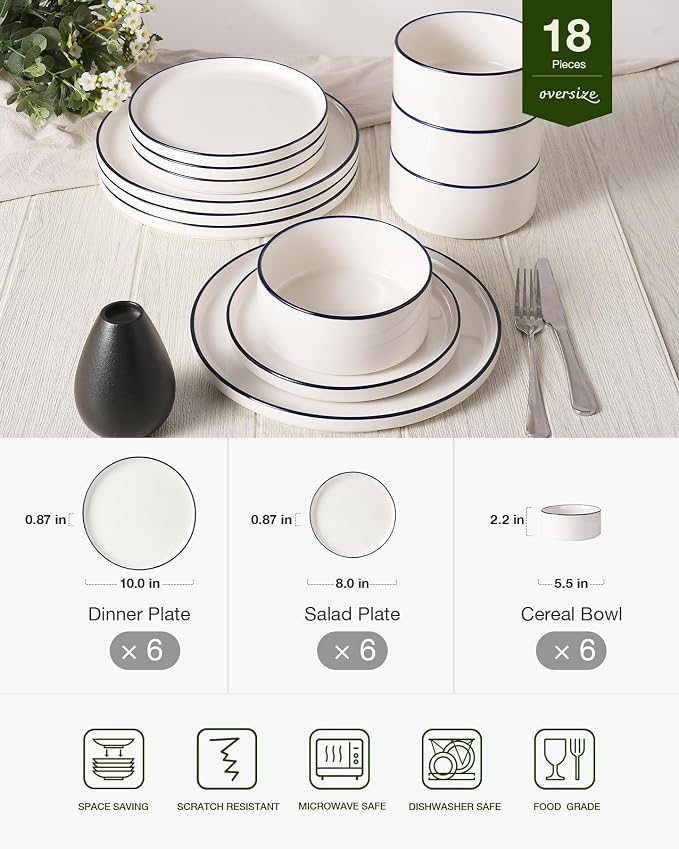 Famiware Porcelain Dinnerware Set, 18-Piece Modern Plate and Bowl Set, dish set for 6, Microwave and Dishwasher Safe Tableware, White with Blue Trim