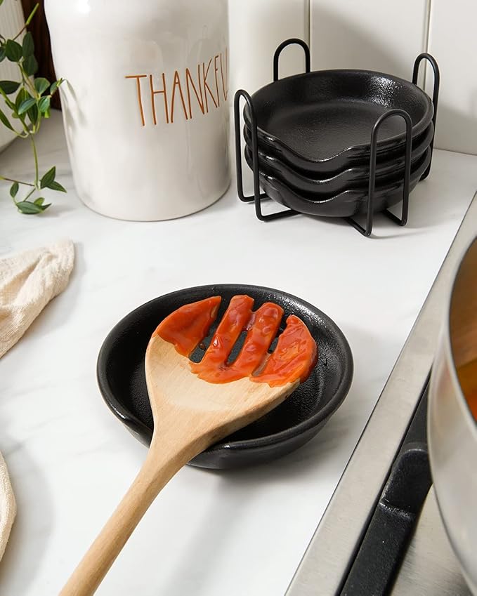 LE TAUCI Ceramic Spoon Rest with Holder, 4.8 Inches Spoon Rest for Stove Top, Utensil Rest for Kitchen Counter, Coffee Spoon Holder, Set of 4, Crude Black