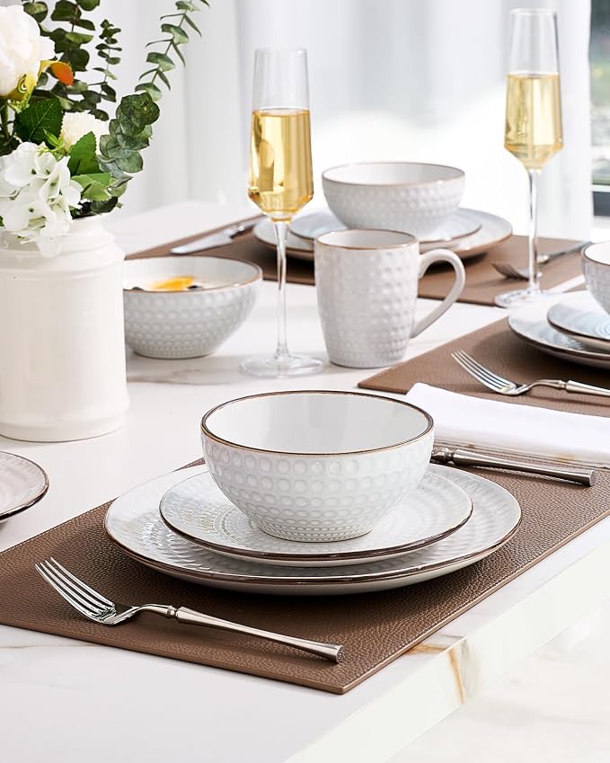 Famiware Eden Embossed Plates and Bowls Sets, Stoneware Dinnerware with Gold Trim, 18-Piece Luxury Dishes for 6, Everyday & Formal Use, Chip/Scratch Resistant, Microwave/Dishwasher Safe, White Circle